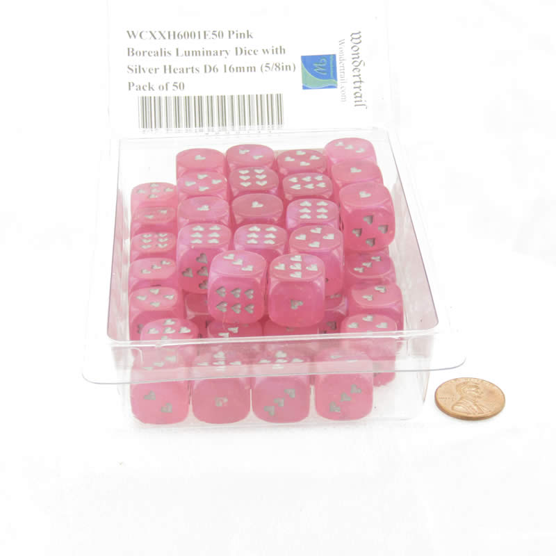 WCXXH6001E50 Pink Borealis Luminary Dice with Silver Hearts D6 16mm (5/8in) Pack of 50 2nd Image