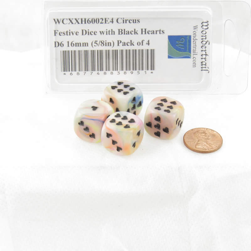 WCXXH6002E4 Circus Festive Dice with Black Hearts D6 16mm (5/8in) Pack of 4 2nd Image