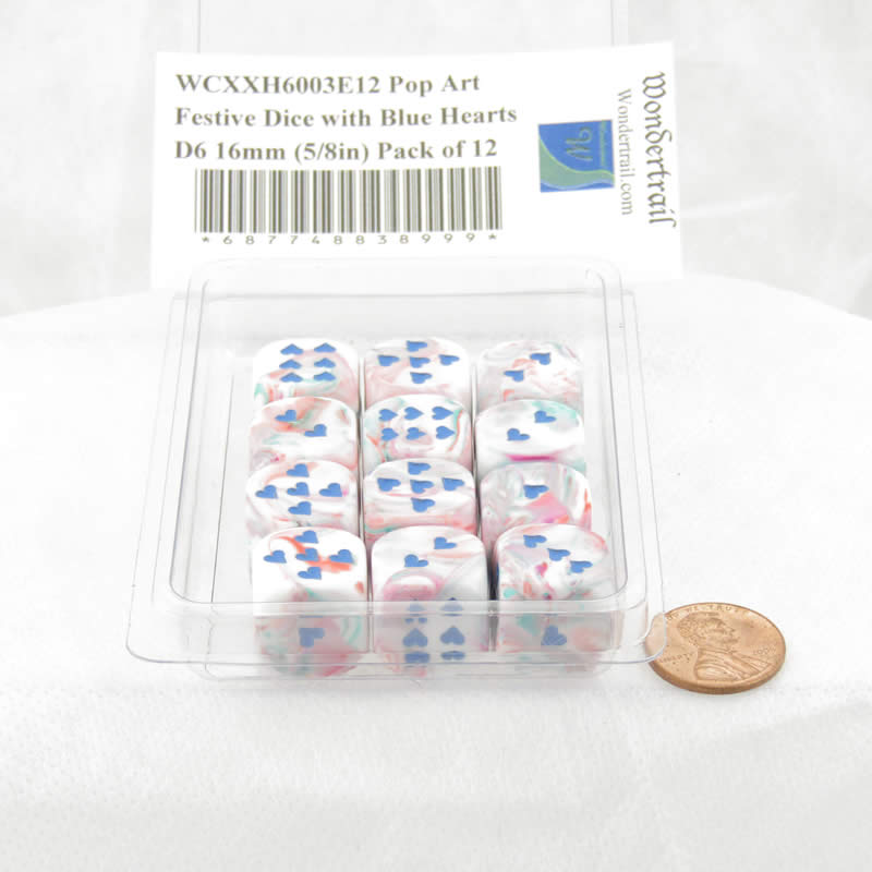 WCXXH6003E12 Pop Art Festive Dice with Blue Hearts D6 16mm (5/8in) Pack of 12 2nd Image