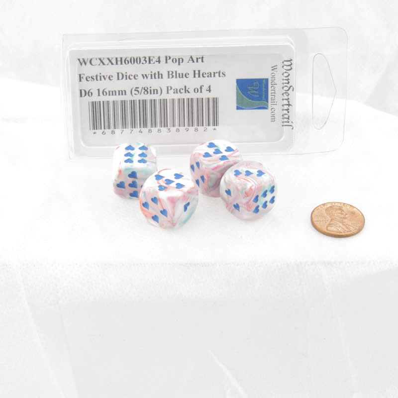 WCXXH6003E4 Pop Art Festive Dice with Blue Hearts D6 16mm (5/8in) Pack of 4 2nd Image