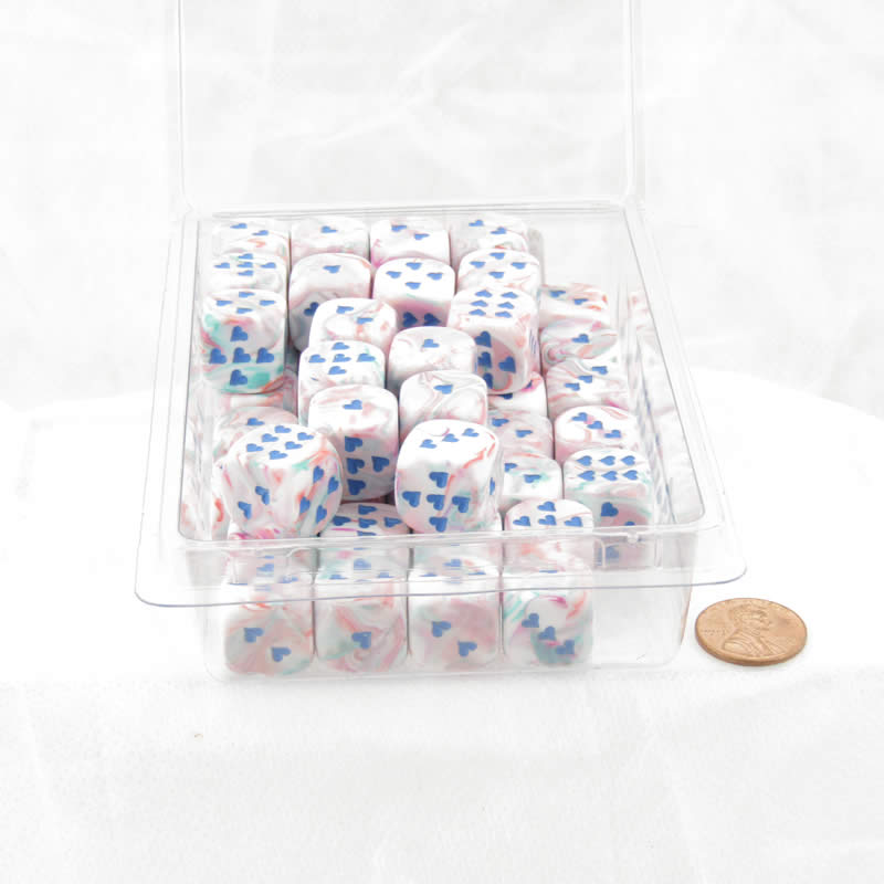 WCXXH6003E50 Pop Art Festive Dice with Blue Hearts D6 16mm (5/8in) Pack of 50 Main Image