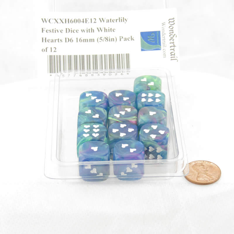 WCXXH6004E12 Waterlily Festive Dice with White Hearts D6 16mm (5/8in) Pack of 12 2nd Image