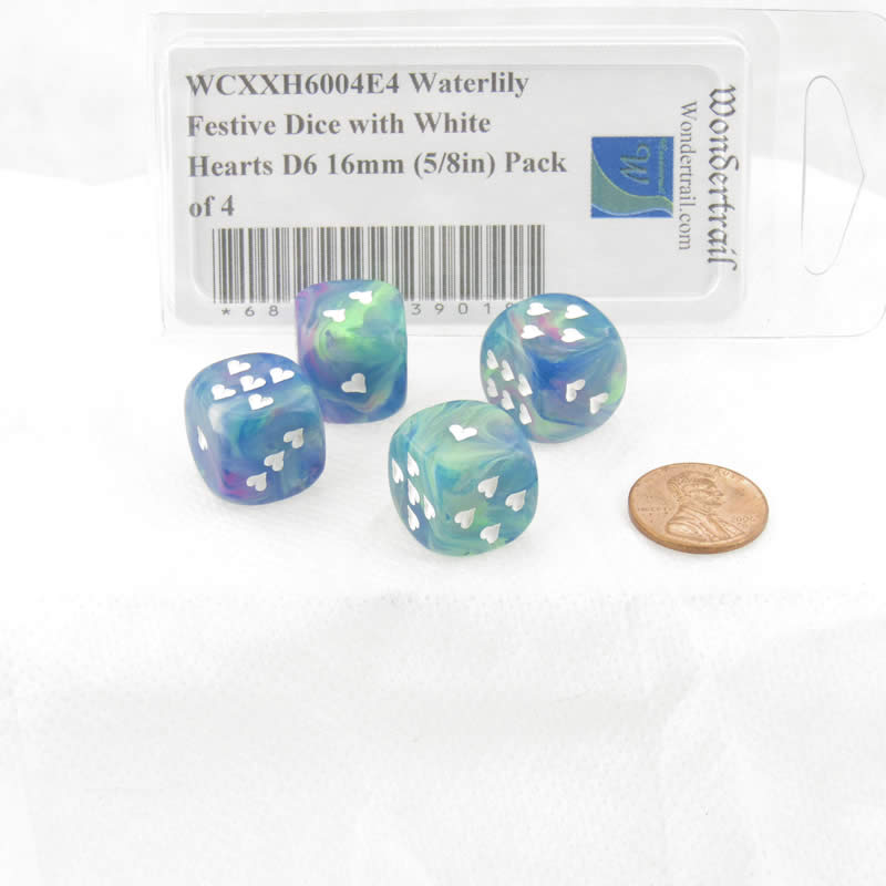 WCXXH6004E4 Waterlily Festive Dice with White Hearts D6 16mm (5/8in) Pack of 4 2nd Image