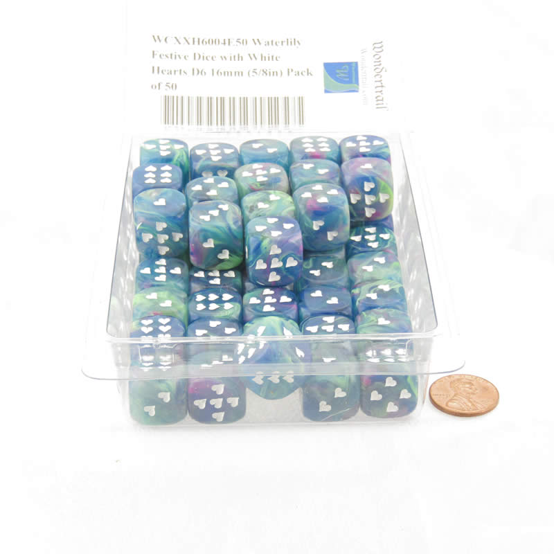 WCXXH6004E50 Waterlily Festive Dice with White Hearts D6 16mm (5/8in) Pack of 50 2nd Image