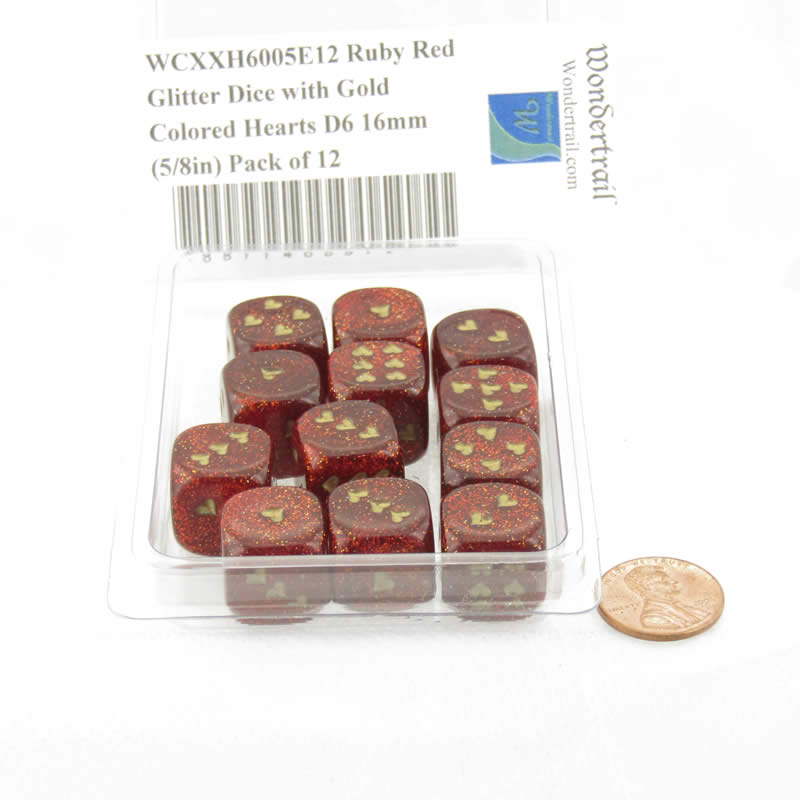 WCXXH6005E12 Ruby Red Glitter Dice with Gold Colored Hearts D6 16mm (5/8in) Pack of 12 2nd Image
