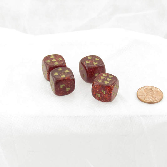 WCXXH6005E4 Ruby Red Glitter Dice with Gold Colored Hearts D6 16mm (5/8in) Pack of 4 Main Image