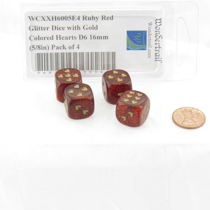 WCXXH6005E4 Ruby Red Glitter Dice with Gold Colored Hearts D6 16mm (5/8in) Pack of 4 2nd Image