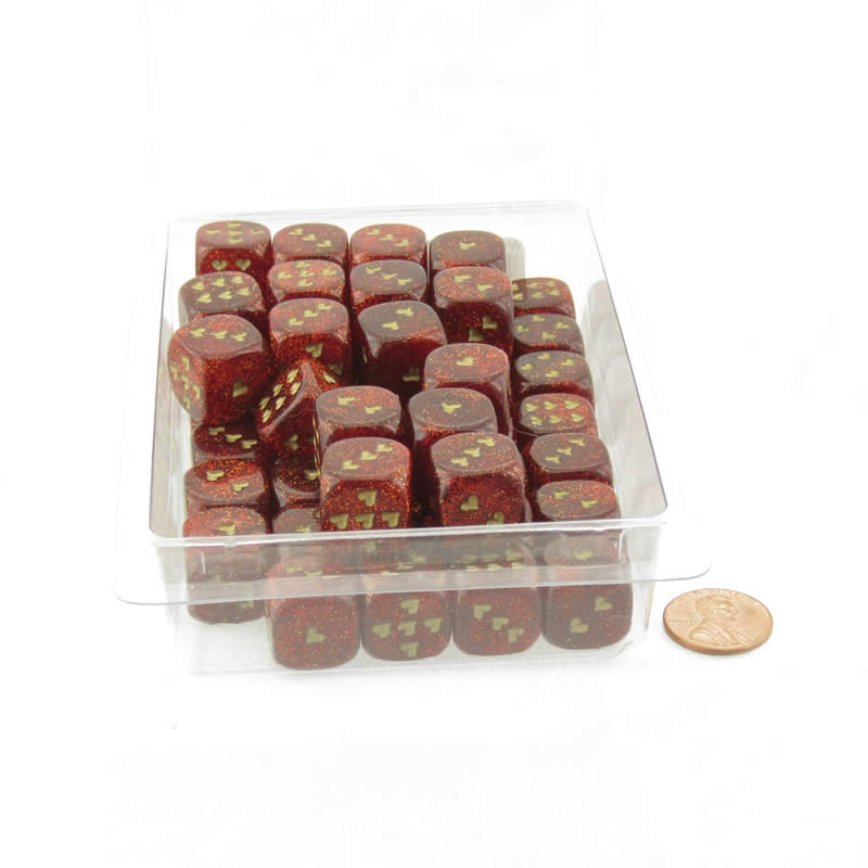 WCXXH6005E50 Ruby Red Glitter Dice with Gold Colored Hearts D6 16mm (5/8in) Pack of 50 Main Image