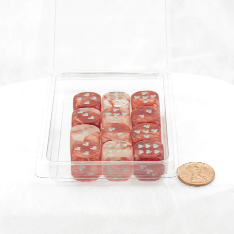 WCXXH6006E12 Red Nebula Luminary Dice with Silver Hearts D6 16mm (5/8in) Pack of 12 Main Image