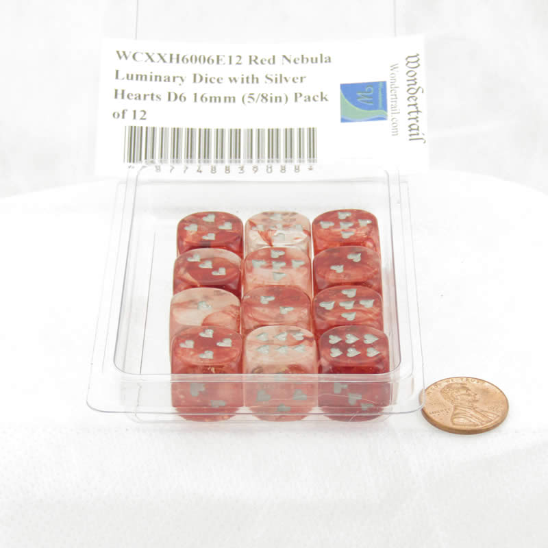 WCXXH6006E12 Red Nebula Luminary Dice with Silver Hearts D6 16mm (5/8in) Pack of 12 2nd Image