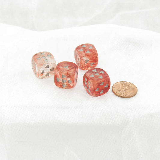 WCXXH6006E4 Red Nebula Luminary Dice with Silver Hearts D6 16mm (5/8in) Pack of 4 Main Image