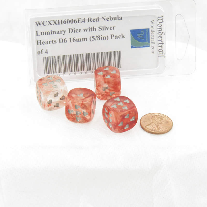 WCXXH6006E4 Red Nebula Luminary Dice with Silver Hearts D6 16mm (5/8in) Pack of 4 2nd Image