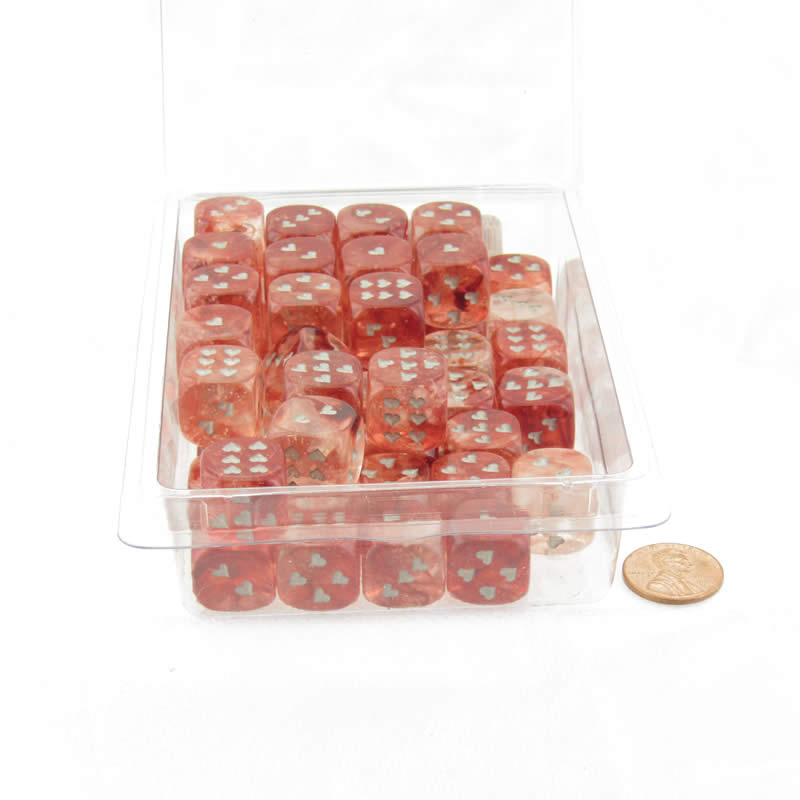 WCXXH6006E50 Red Nebula Luminary Dice with Silver Hearts D6 16mm (5/8in) Pack of 50 Main Image
