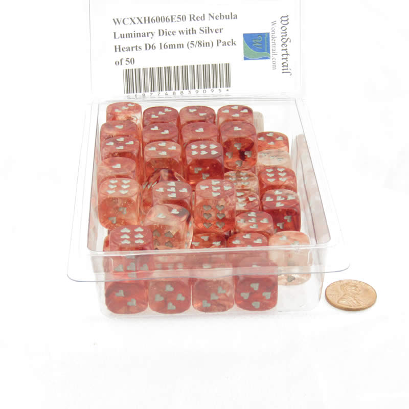 WCXXH6006E50 Red Nebula Luminary Dice with Silver Hearts D6 16mm (5/8in) Pack of 50 2nd Image