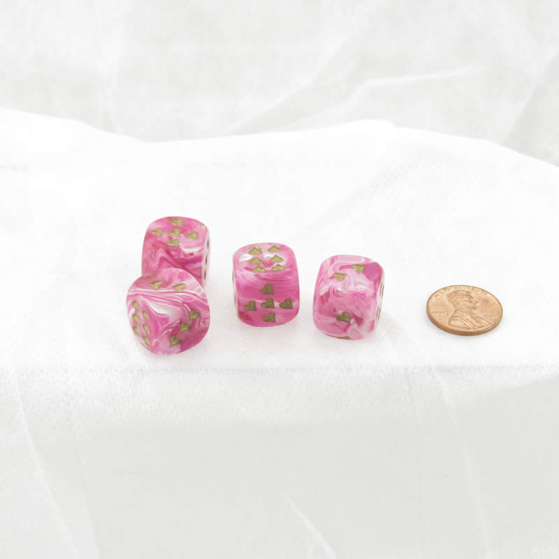 WCXXH6007E4 Pink Vortex Dice with Gold Colored Hearts D6 16mm (5/8in) Pack of 4 Main Image