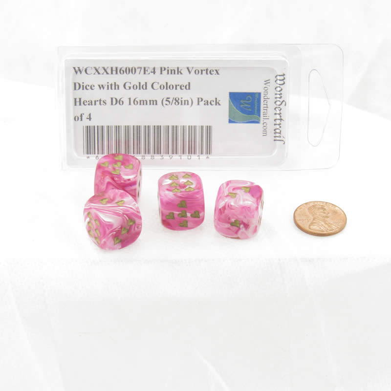 WCXXH6007E4 Pink Vortex Dice with Gold Colored Hearts D6 16mm (5/8in) Pack of 4 2nd Image