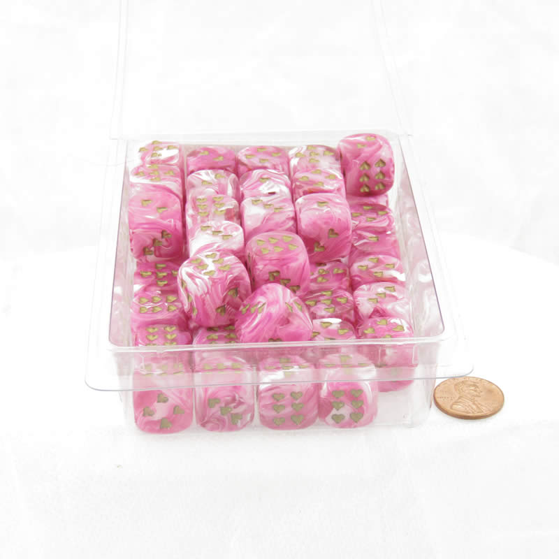 WCXXH6007E50 Pink Vortex Dice with Gold Colored Hearts D6 16mm (5/8in) Pack of 50 Main Image