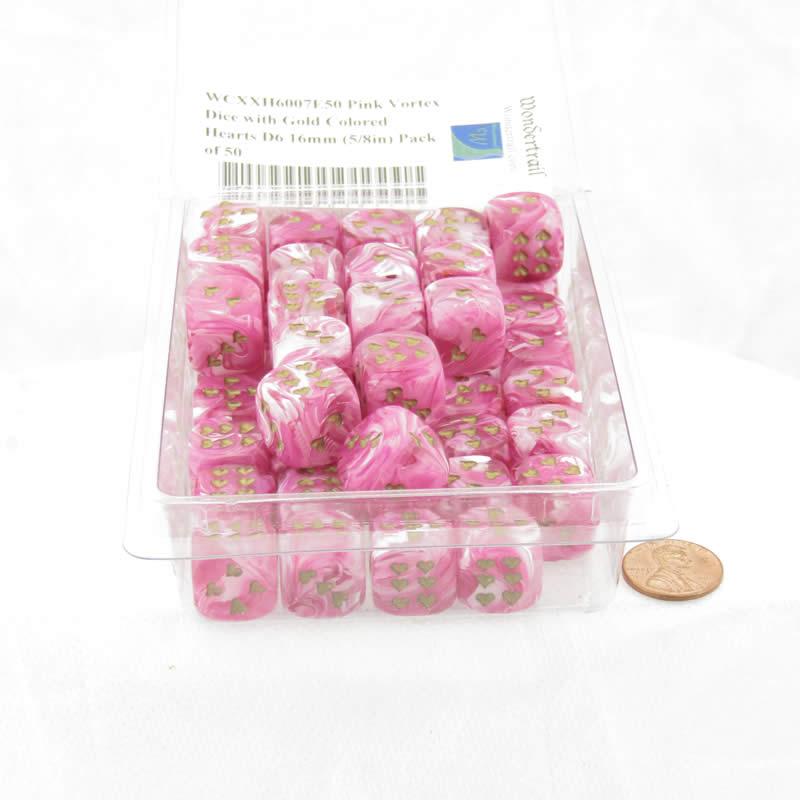 WCXXH6007E50 Pink Vortex Dice with Gold Colored Hearts D6 16mm (5/8in) Pack of 50 2nd Image