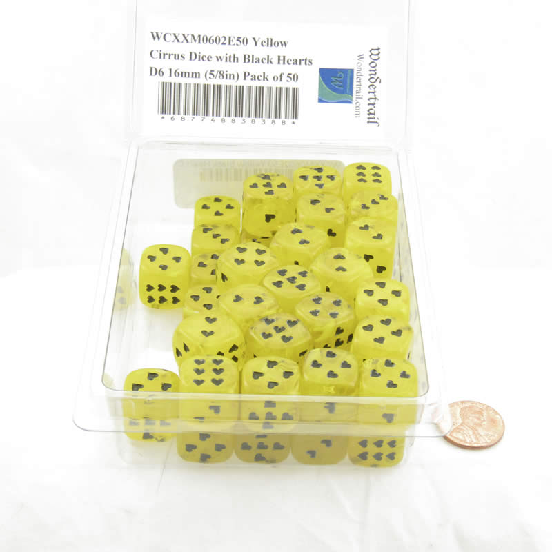 WCXXM0602E50 Yellow Cirrus Dice with Black Hearts D6 16mm (5/8in) Pack of 50 2nd Image