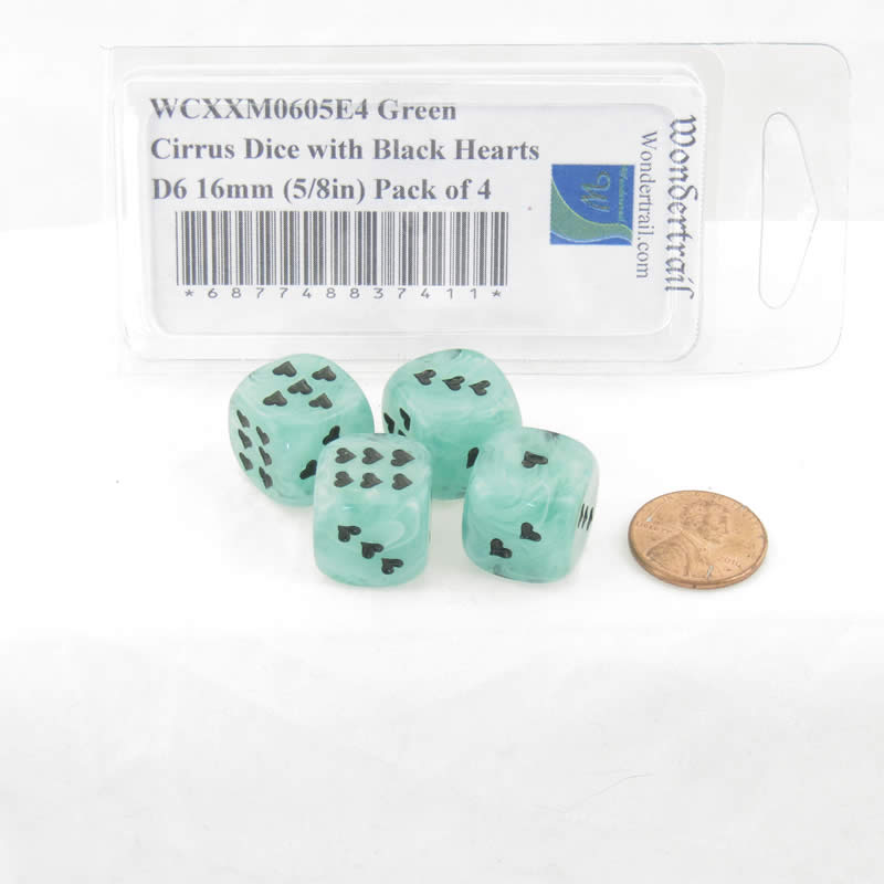 WCXXM0605E4 Green Cirrus Dice with Black Hearts D6 16mm (5/8in) Pack of 4 2nd Image