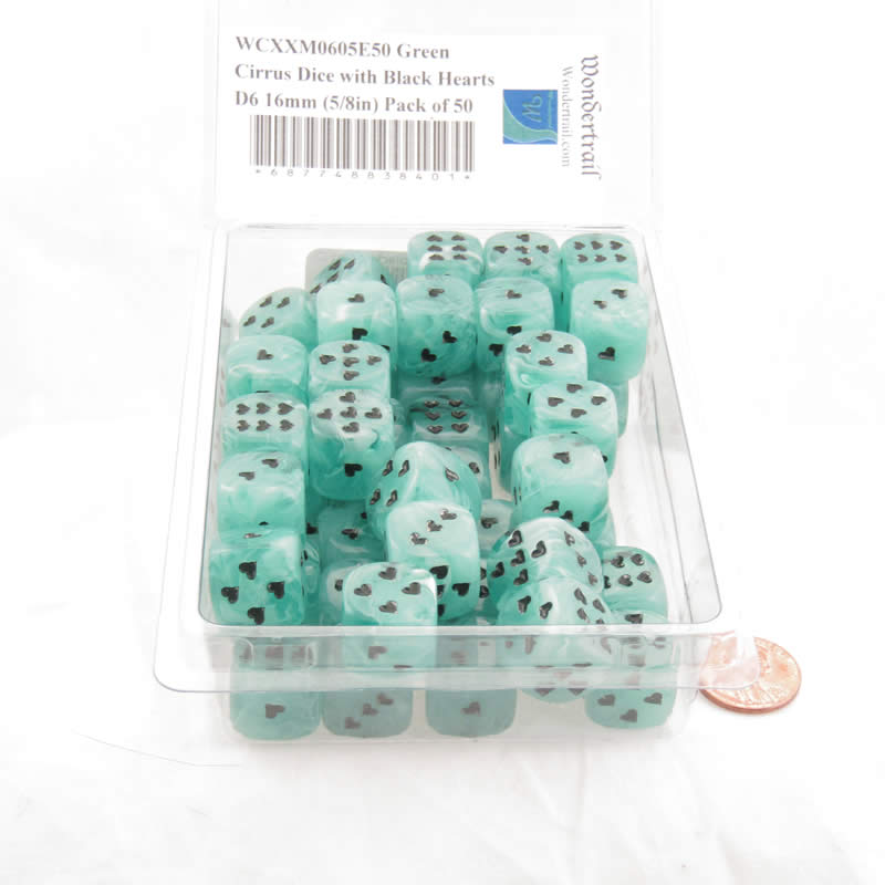 WCXXM0605E50 Green Cirrus Dice with Black Hearts D6 16mm (5/8in) Pack of 50 2nd Image