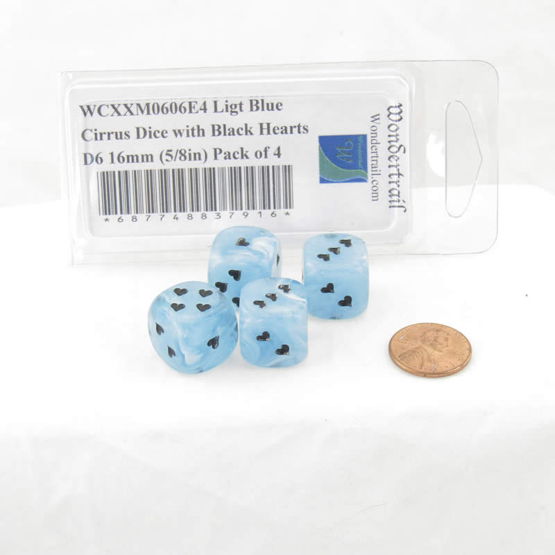 WCXXM0606E4 Ligt Blue Cirrus Dice with Black Hearts D6 16mm (5/8in) Pack of 4 2nd Image