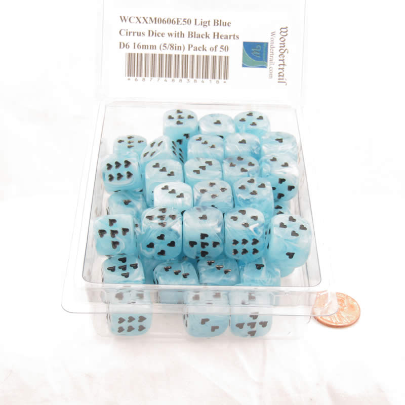 WCXXM0606E50 Ligt Blue Cirrus Dice with Black Hearts D6 16mm (5/8in) Pack of 50 2nd Image