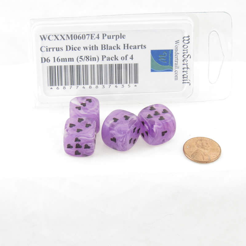 WCXXM0607E4 Purple Cirrus Dice with Black Hearts D6 16mm (5/8in) Pack of 4 2nd Image
