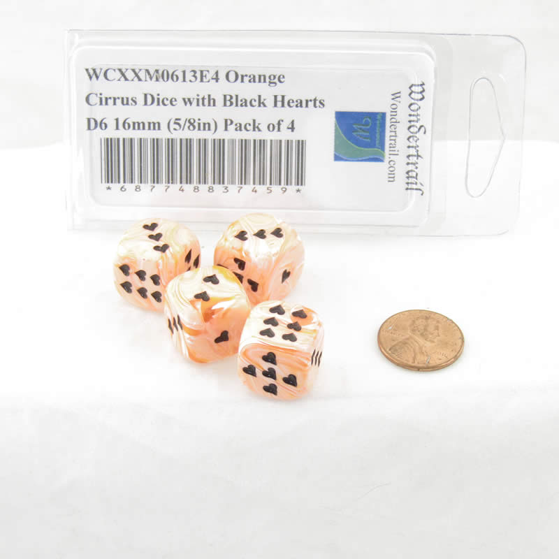 WCXXM0613E4 Orange Cirrus Dice with Black Hearts D6 16mm (5/8in) Pack of 4 2nd Image