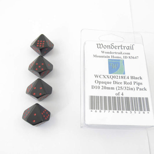 WCXXQ0218E4 Black Opaque Dice Red Pips D10 20mm (25/32in) Pack of 4 Main Image