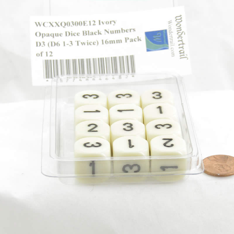 WCXXQ0300E12 Ivory Opaque Dice Black Numbers D3 (D6 1-3 Twice) 16mm Pack of 12 2nd Image