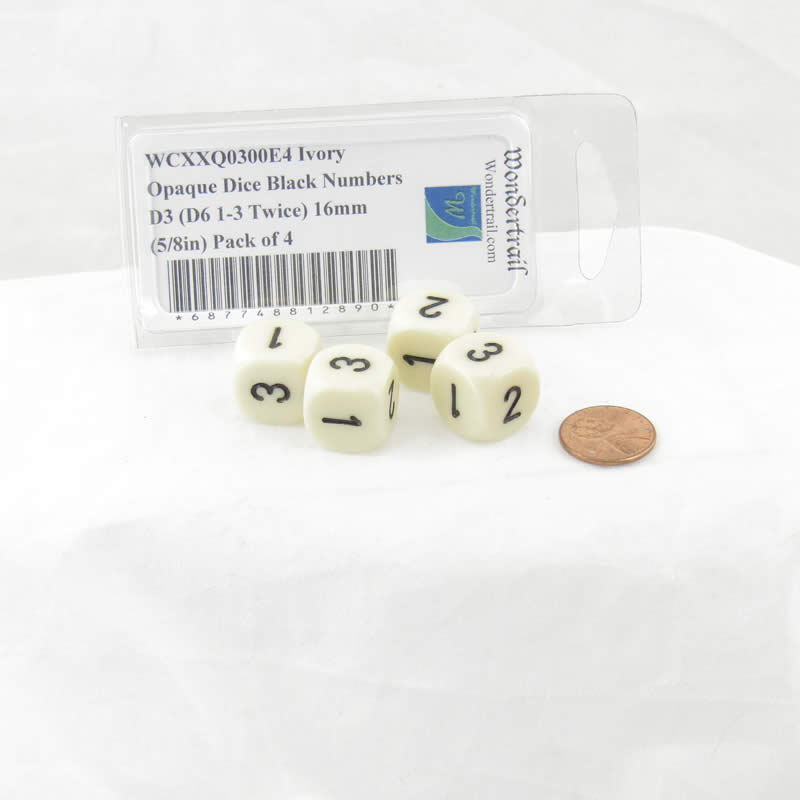 WCXXQ0300E4 Ivory Opaque Dice Black Numbers D3 (D6 1-3 Twice) 16mm Pack of 4 2nd Image