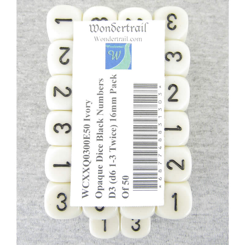 WCXXQ0300E50 Ivory Opaque Dice Black Numbers D3 (d6 1-3 Twice) 16mm Pack Of 50 Main Image