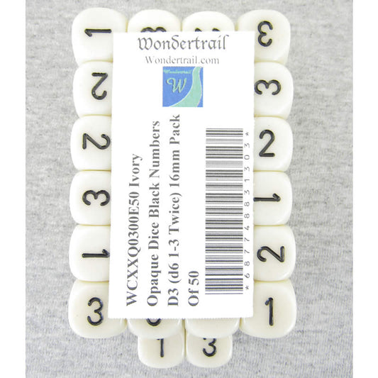 WCXXQ0300E50 Ivory Opaque Dice Black Numbers D3 (d6 1-3 Twice) 16mm Pack Of 50 Main Image