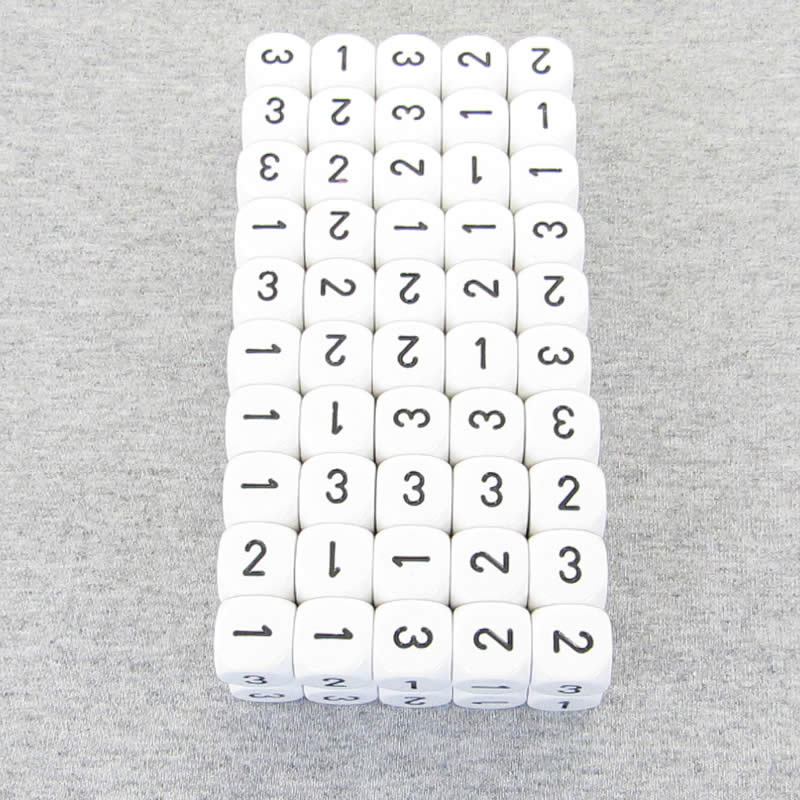 WCXXQ0301B1 White Opaque Dice Black Numbers D3 (d6 1-3 Twice) 16mm Pack of 100 Main Image