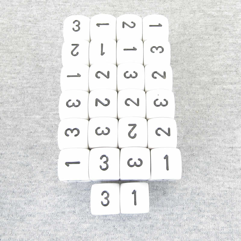 WCXXQ0301E50 White Opaque Dice Black Numbers D3 (d6 1-3 Twice) 16mm Pack of 50 Main Image