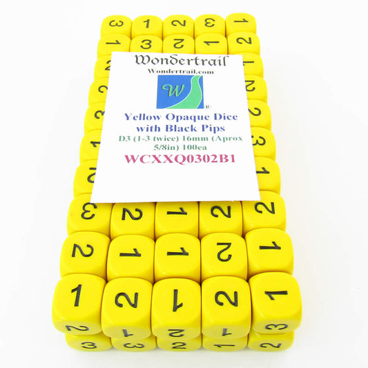 WCXXQ0302B1 Yellow Opaque Dice Black Numbers D3 (D6 1-3 Twice) 16mm Pack of 100 Main Image