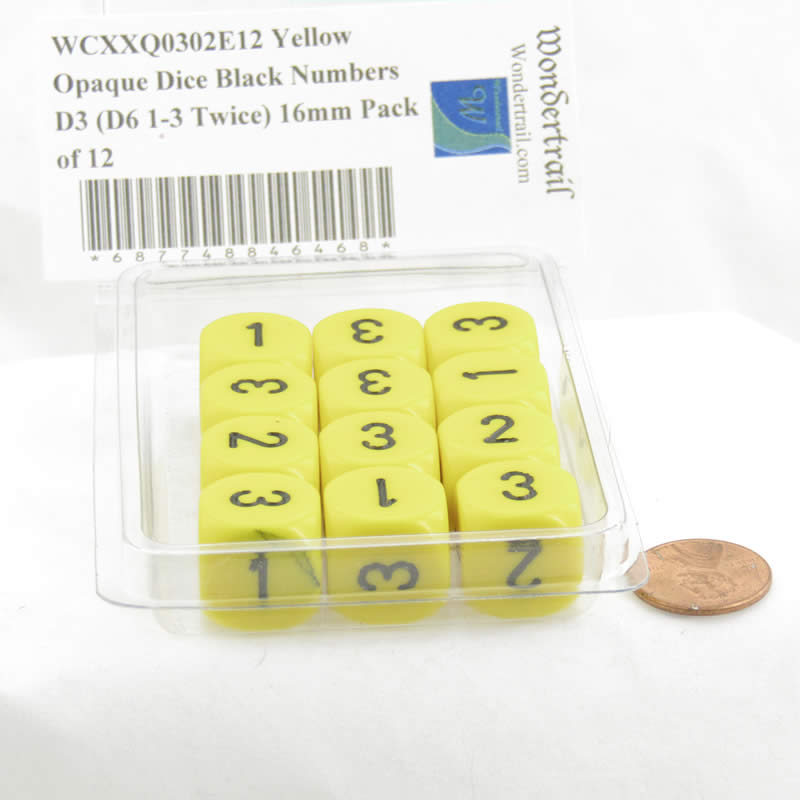 WCXXQ0302E12 Yellow Opaque Dice Black Numbers D3 (D6 1-3 Twice) 16mm Pack of 12 2nd Image
