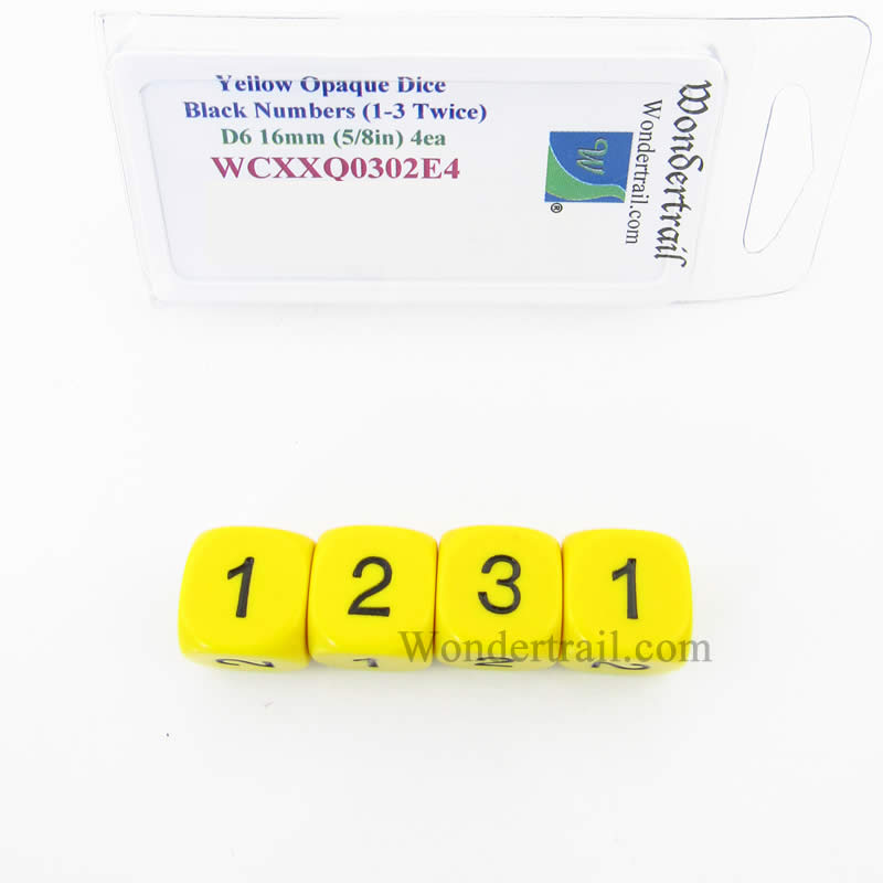 WCXXQ0302E4 Yellow Opaque Dice Black Numbers D3 (D6 1-3 Twice) 16mm Main Image