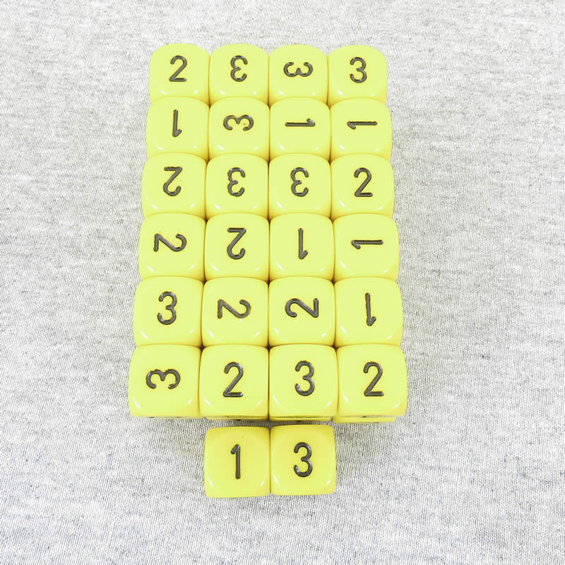 WCXXQ0302E50 Yellow Opaque Dice Black Numbers D3 (D6 1-3 Twice) 16mm Pack of 50 Main Image