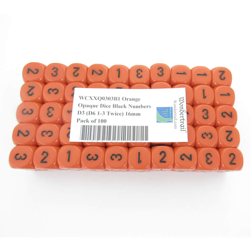 WCXXQ0303B1 Orange Opaque Dice Black Numbers D3 (D6 1-3 Twice) 16mm Pack of 100 Main Image