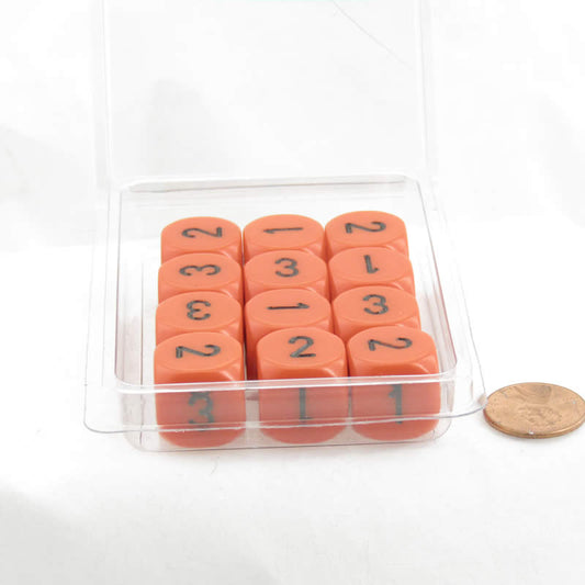 WCXXQ0303E12 Orange Opaque Dice Black Numbers D3 (D6 1-3 Twice) 16mm Pack of 12 Main Image
