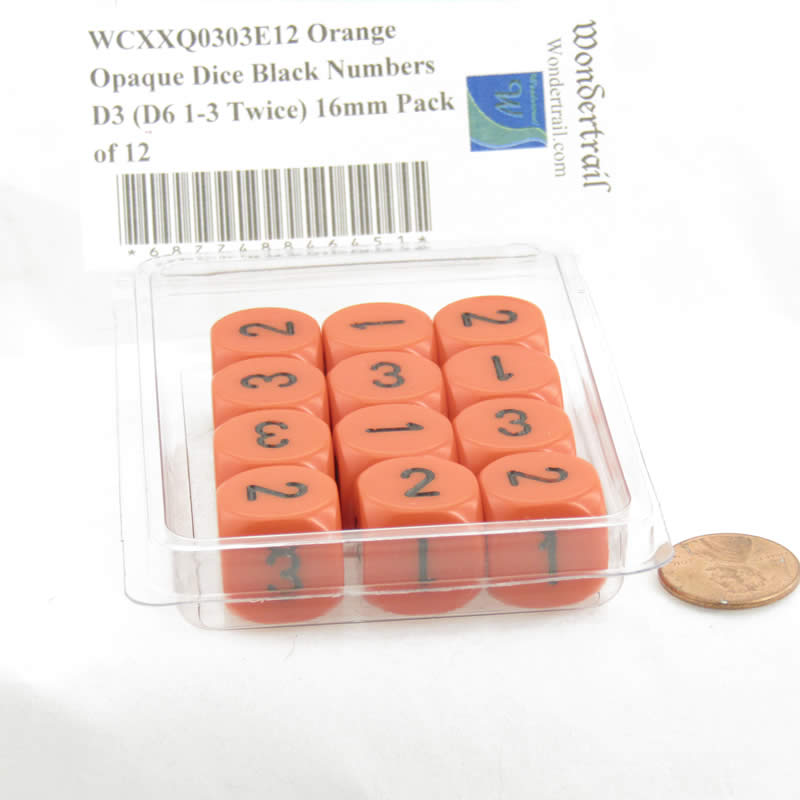 WCXXQ0303E12 Orange Opaque Dice Black Numbers D3 (D6 1-3 Twice) 16mm Pack of 12 2nd Image