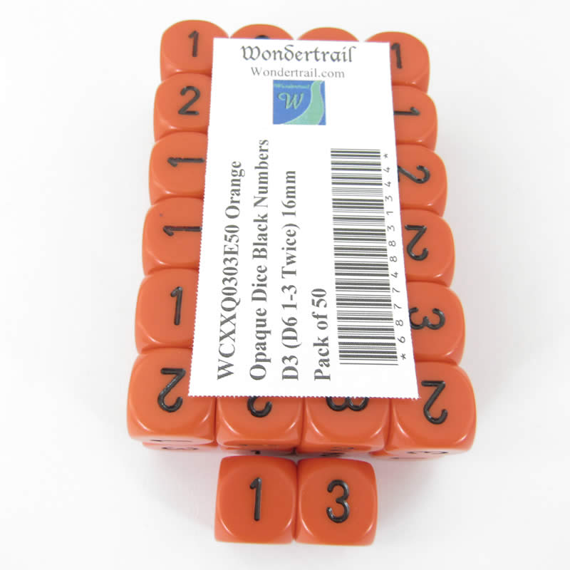 WCXXQ0303E50 Orange Opaque Dice Black Numbers D3 (D6 1-3 Twice) 16mm Pack of 50 Main Image