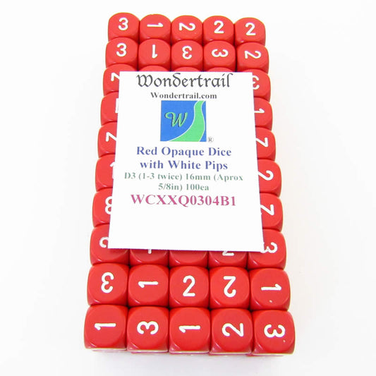 WCXXQ0304B1 Red Opaque Dice White Numbers D3 (D6 1-3 Twice) 16mm Pack of 100 Main Image