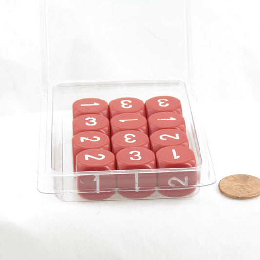 WCXXQ0304E12 Red Opaque Dice White Numbers D3 (D6 1-3 Twice) 16mm Pack of 12 Main Image