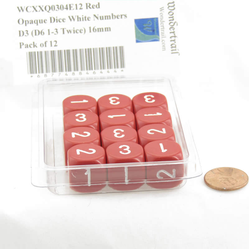 WCXXQ0304E12 Red Opaque Dice White Numbers D3 (D6 1-3 Twice) 16mm Pack of 12 2nd Image