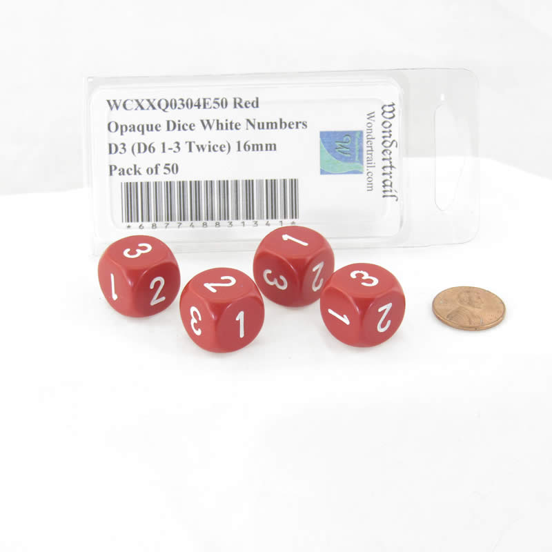 WCXXQ0304E4 Red Opaque Dice White Numbers D3 (D6 1-3 Twice) 16mm Pack of 4 2nd Image