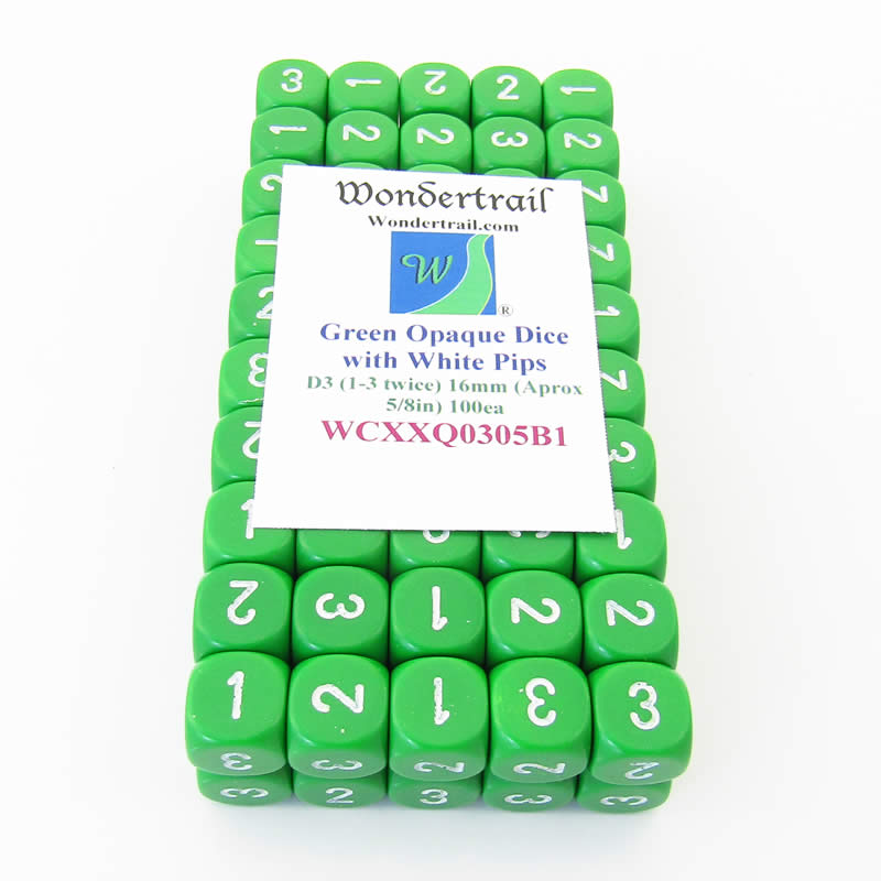 WCXXQ0305B1 Green Opaque Dice White Numbers D3 (D6 1-3 Twice) 16mm Pack of 100 Main Image