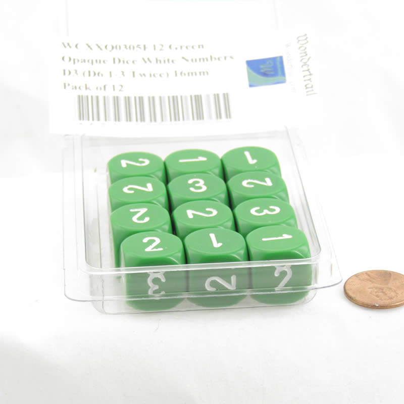 WCXXQ0305E12 Green Opaque Dice White Numbers D3 (D6 1-3 Twice) 16mm Pack of 12 2nd Image